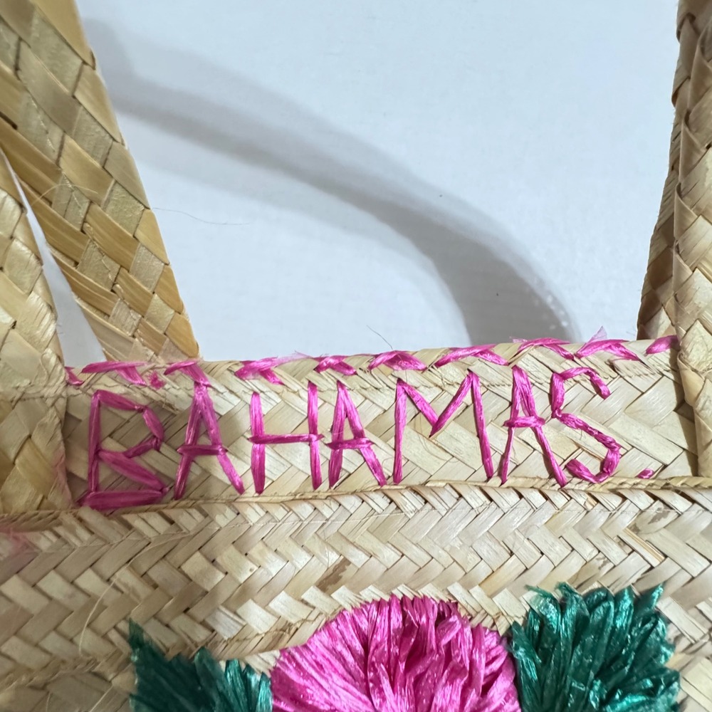 Vintage Bahamas Woven Straw Tote‎ Bag Floral Embroidered Beach Handbag Tropical - Picture 6 of 7